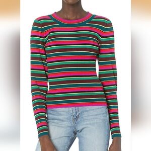 Milly woman’s Multicolor striped puff sleeve ribbed pullover sweater Petite